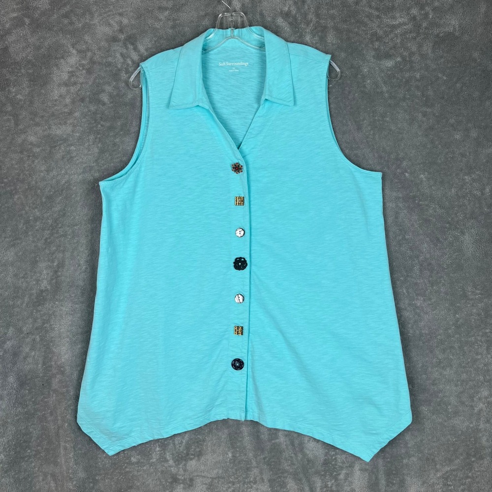 Soft Surroundings Danielle Button Front Tank Top Womens 1X Blue Artsy Boho